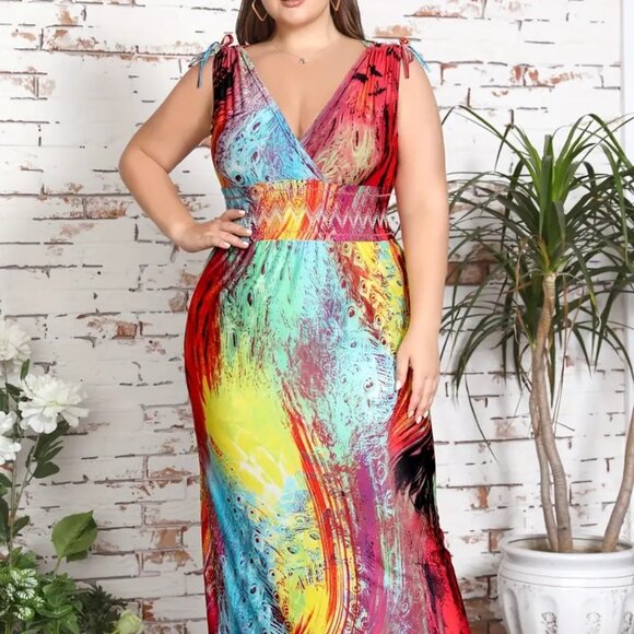 Women Plus Size Elegant Tie Dye Ball Gown Summer Evening Party Dress 16W 18W 20W - Picture 5 of 9